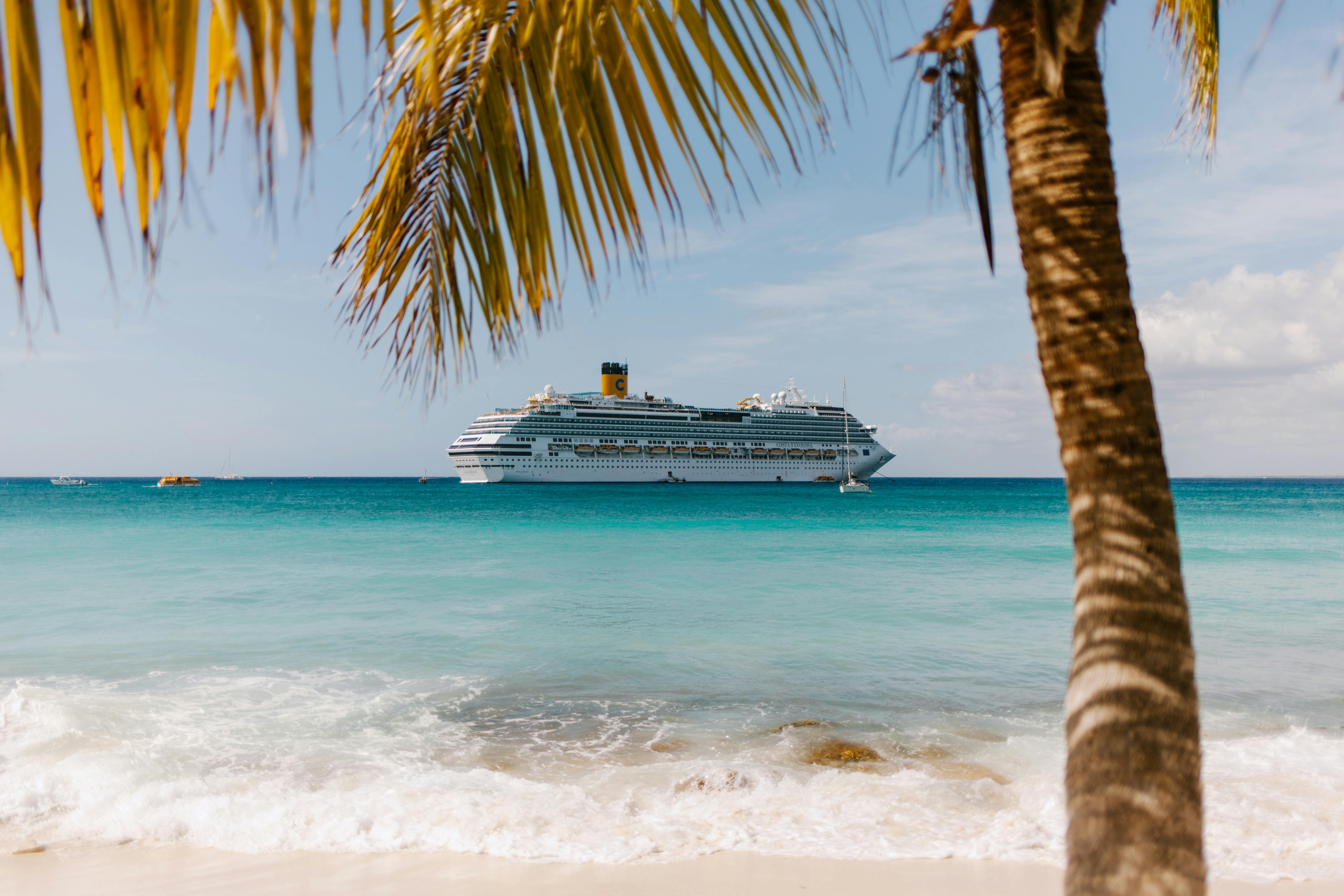 A beach under a palm tree with a cruise ship in the distance Photo by Julia Volk: https://www.pexels.com/photo/white-cruise-ship-sailing-on-the-sea-5769605/