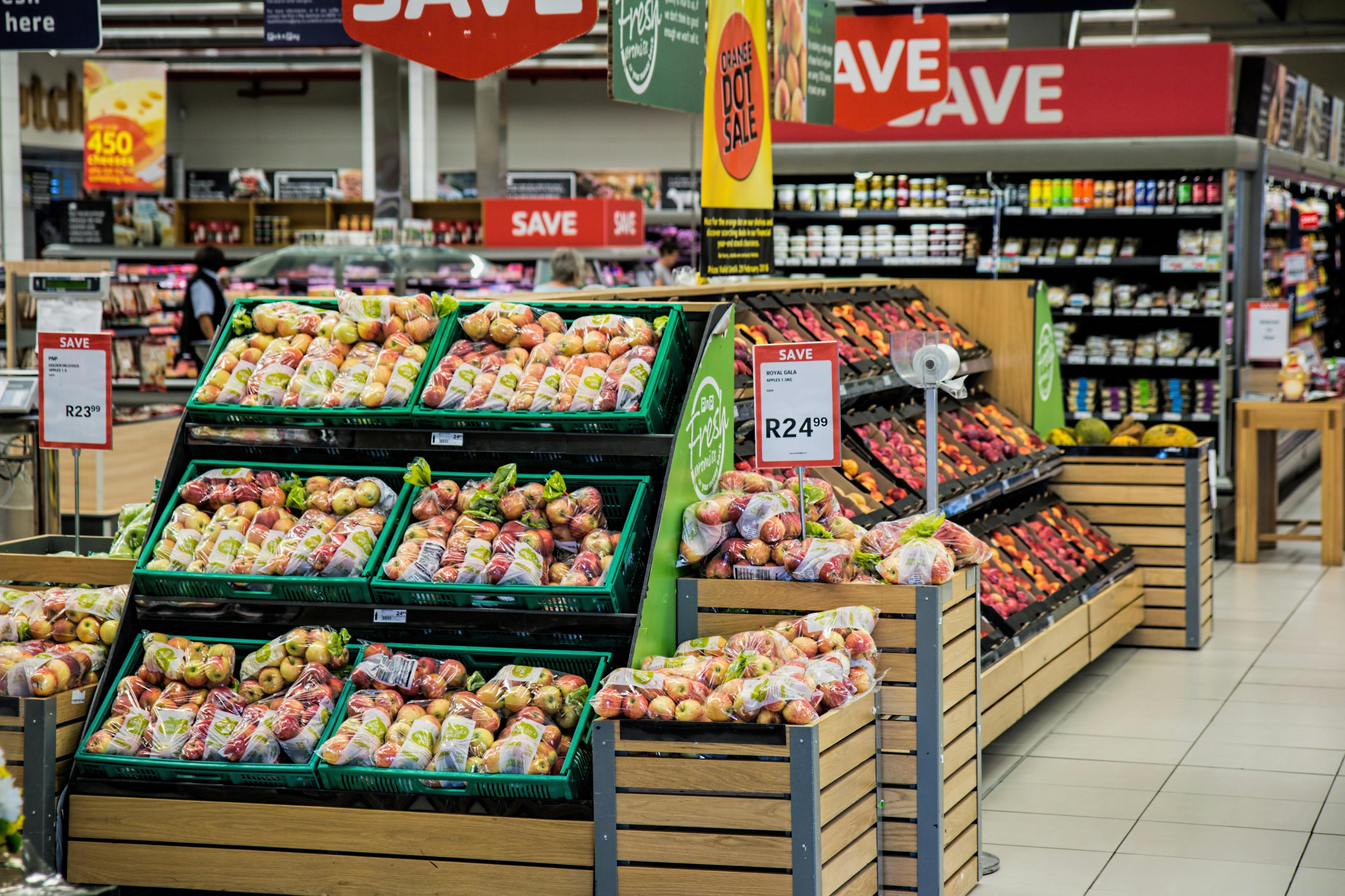 Produce section of grocery store Photo by Pixabay: https://www.pexels.com/photo/grocery-store-264636/